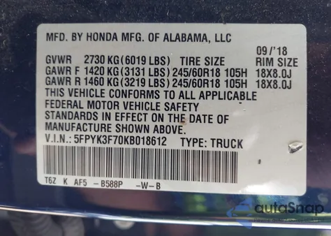 2019 Honda Ridgeline Rtl-E из США, поврежденный, VIN 5FPYK3F70KB018612